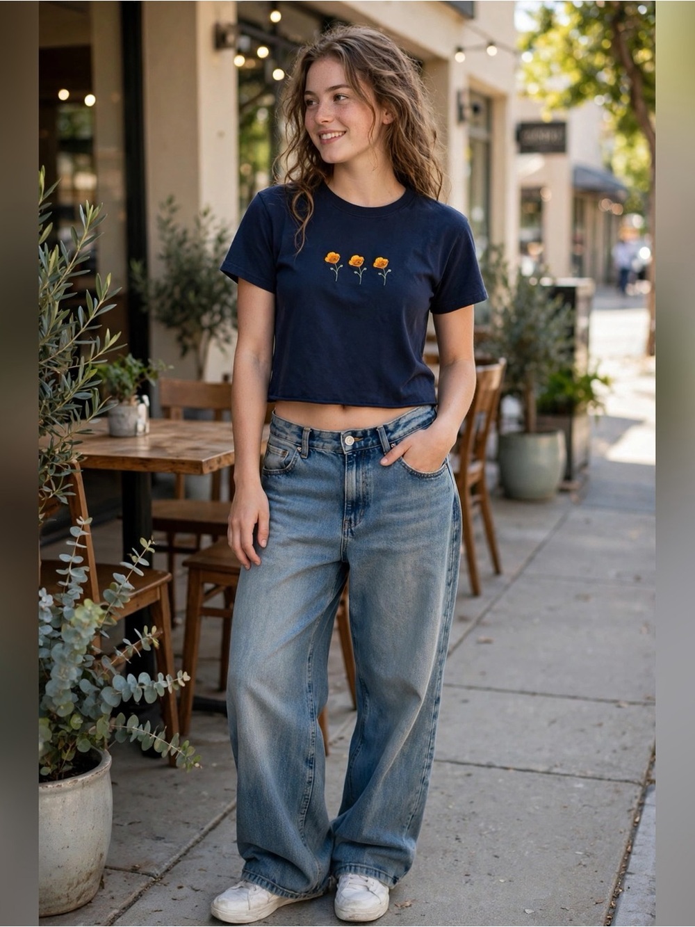 BRANDY MELVILLE J GALT NAVY EMBROIDERED POPPY BABY TEE ONE SIZE CROP FLORAL